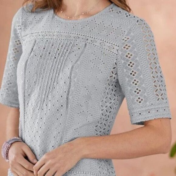 Sundance Women's Sz Medium Light Gray Lucille Lace Eyelet Shift Dress - Picture 14 of 15